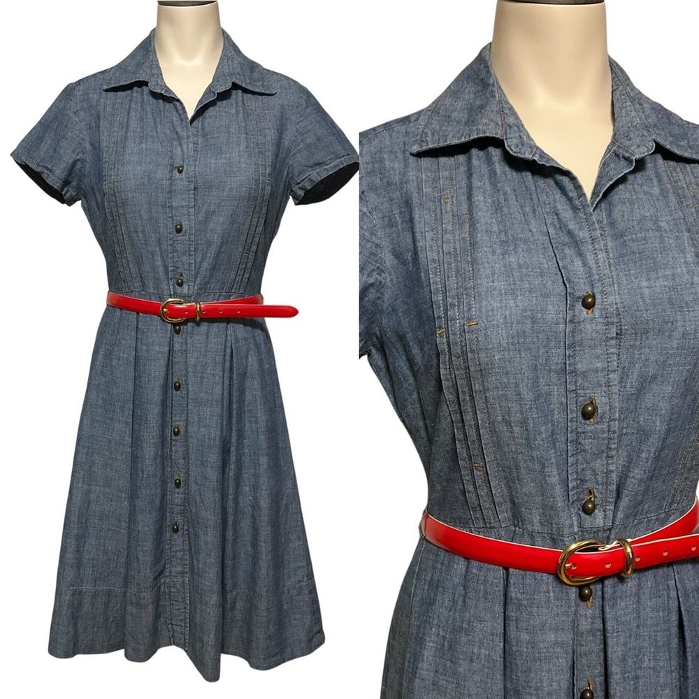 TALBOTS sz 2 Petite Aline Shirt Dress 100% Cotton Pintuck Pleats Collared Blue